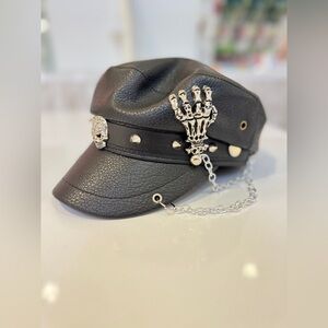 Black Leather Cap with Silver Chain